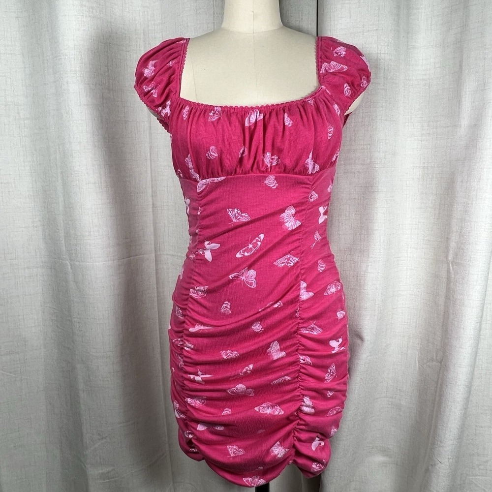 Urban Outfitters Y2k Pink Butterfly Brenan Printed Ruched Mini Dress Medium‎